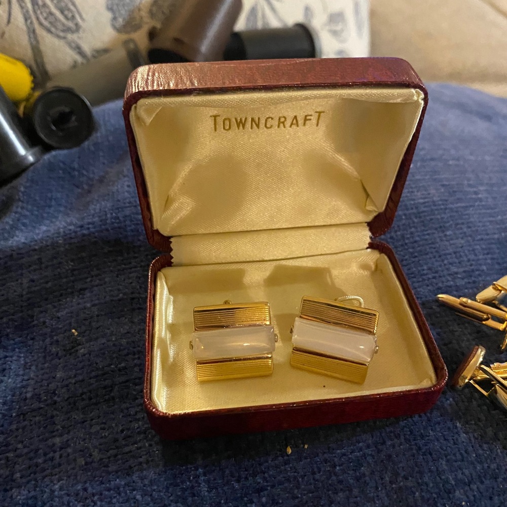 Vintage Towncraft Penney's Gold Tone White Stone Rectangular Cufflinks with Box
